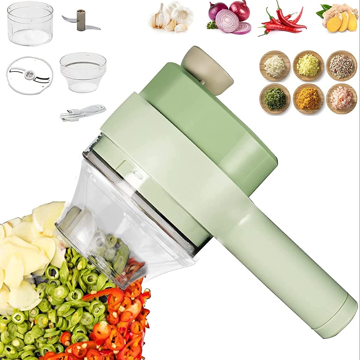 4-in-1 Handheld Electric Vegetable Cutter & Chopper Set.