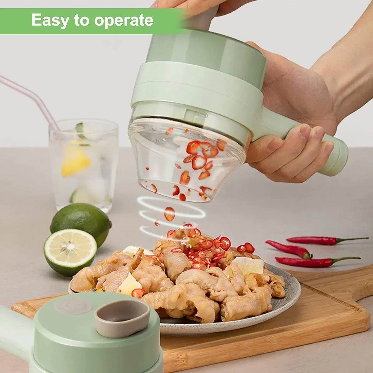 4-in-1 Handheld Electric Vegetable Cutter & Chopper Set.