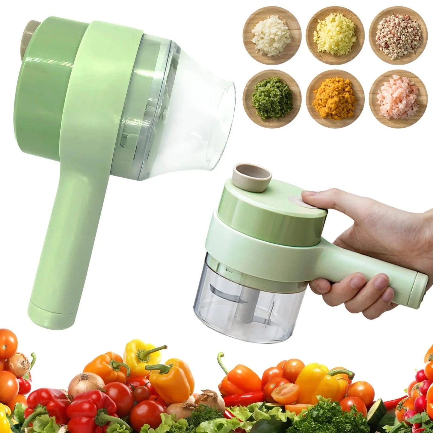 4-in-1 Handheld Electric Vegetable Cutter & Chopper Set.